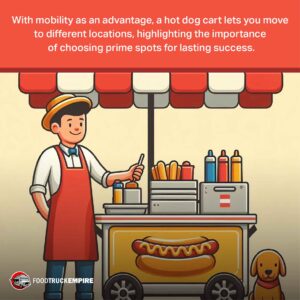 With mobility as an advantage, a hot dog cart lets you move to different locations, highlighting the importance of choosing prime spots for lasting success.