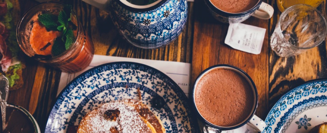 Hot cocoa with breakfast. cocoa breakfast