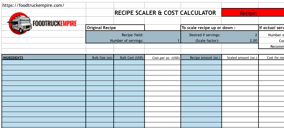 Menu Recipe Cost Template Download Free Spreadsheet